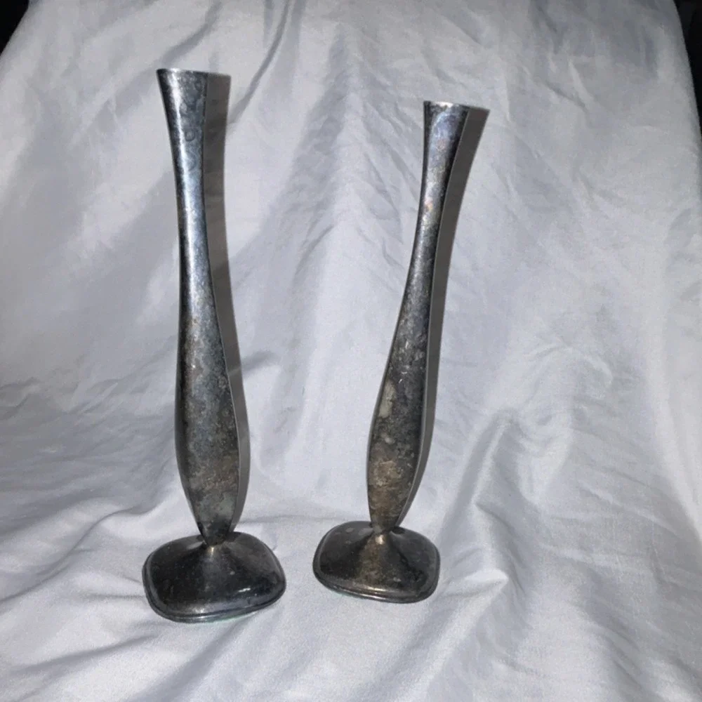 Bellini Silver vintage Metal Pair Bud Vases‎ Square Base made in Brazil